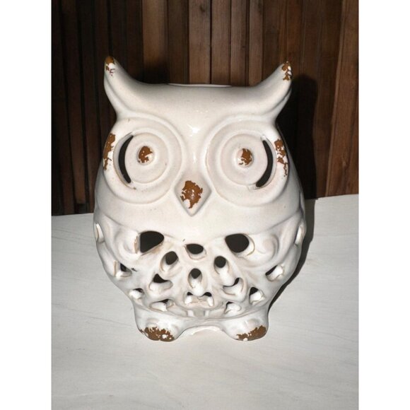 Vintage Ceramic Owl Candle Holder With Distressed Brown & White Finish - Picture 10 of 11